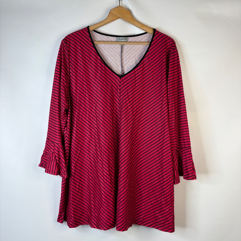 Catherines Tunic Top Women 2X Red Black Striped Ruffle Sleeve V-Neck